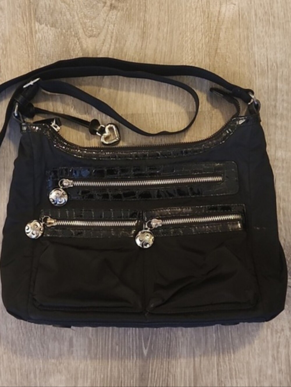 Brighton Black Nylon & Croc-Trim Crossbody/Shoulder Bag